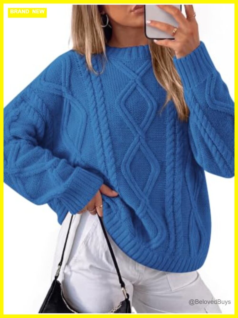 Oversized Cable Knit Sweater Women's Pullover Crew Neck Lantern Sleeve